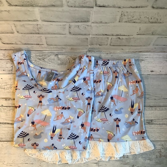 PJ COUTURE 2pc Women’s Large Beach Print Ruffle Pajama Set - Picture 8 of 9